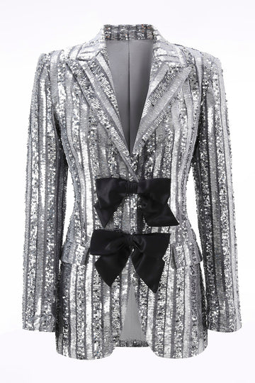 Sparkly Silver Grey Peak Lapel Women's Prom Blazer with Bows